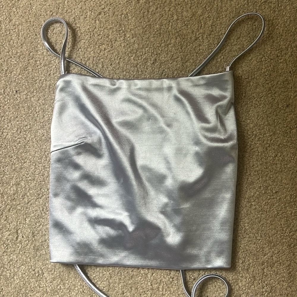 silvery metallic blue tie back top